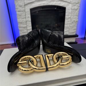 Dolce & Gabanna Down Padded Mules Black Heels with DG Gold Accent